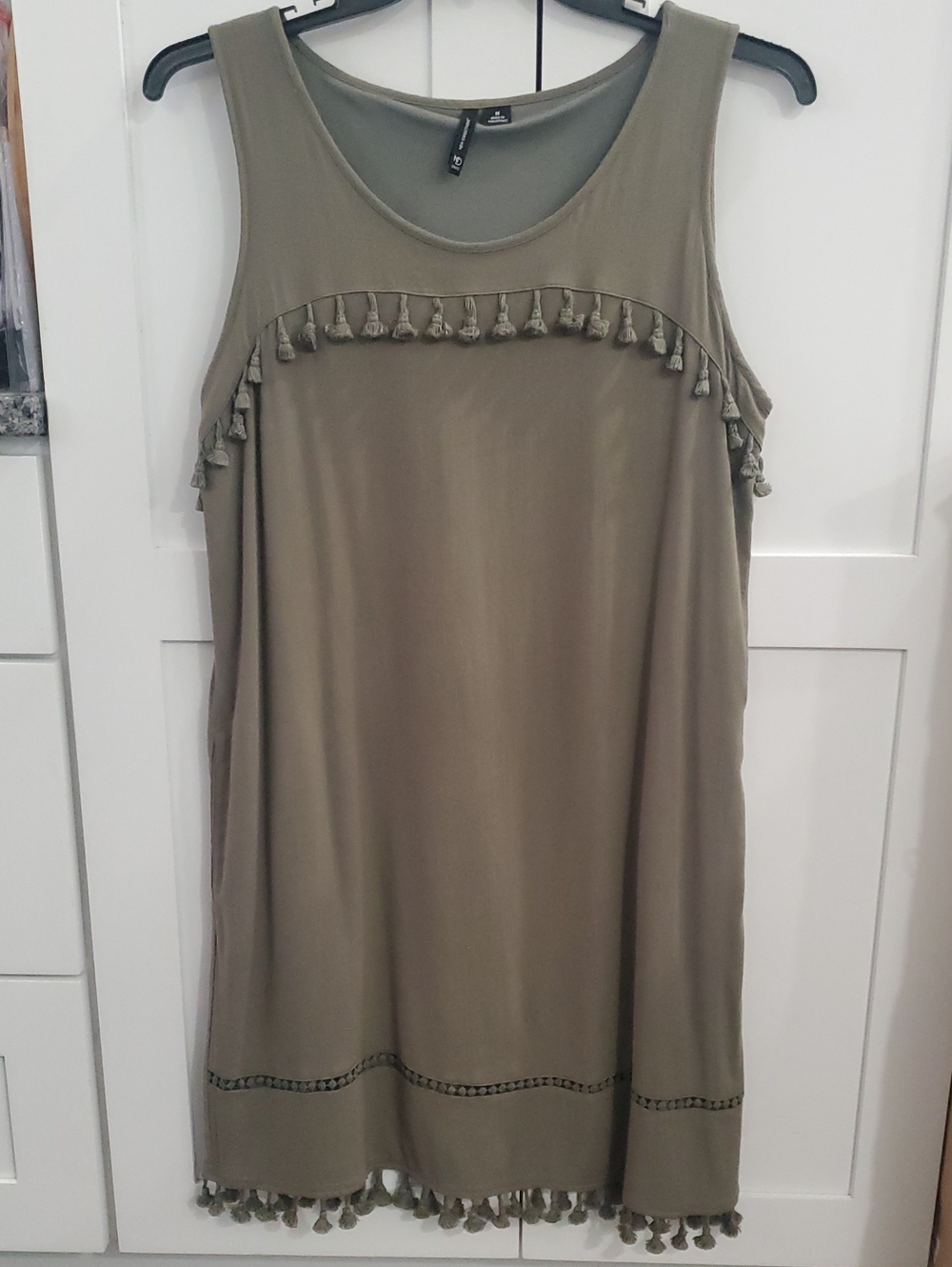 new directions Olive Tassel Trim Sleeveless Mini Dress